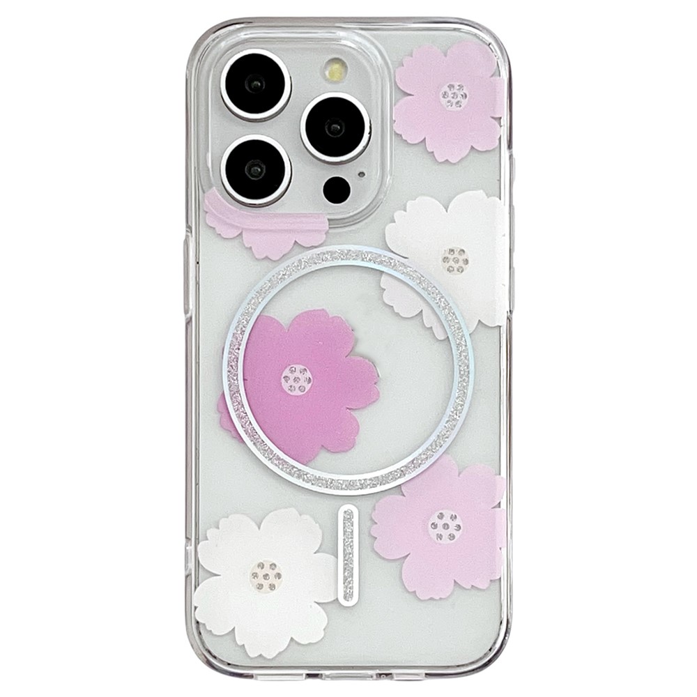 For iPhone 16 Pro Max Case Compatible with MagSafe Laser Floral IMD TPU PC Phone Back Cover - Large Pink Flowers