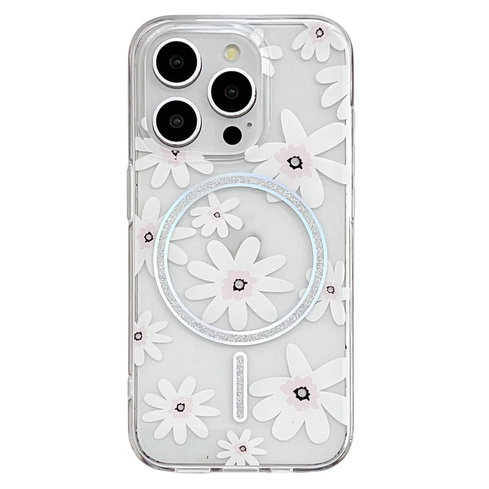 For iPhone 16 Pro Case Compatible with MagSafe Laser Floral IMD TPU PC Phone Back Cover - White Flowers