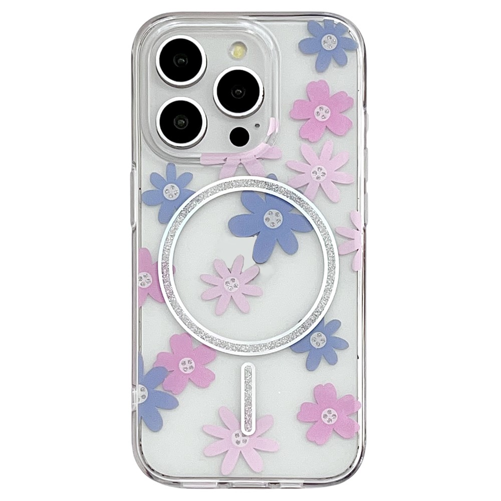 For iPhone 16 Pro Case Compatible with MagSafe Laser Floral IMD TPU PC Phone Back Cover - Blue Pink Flowers