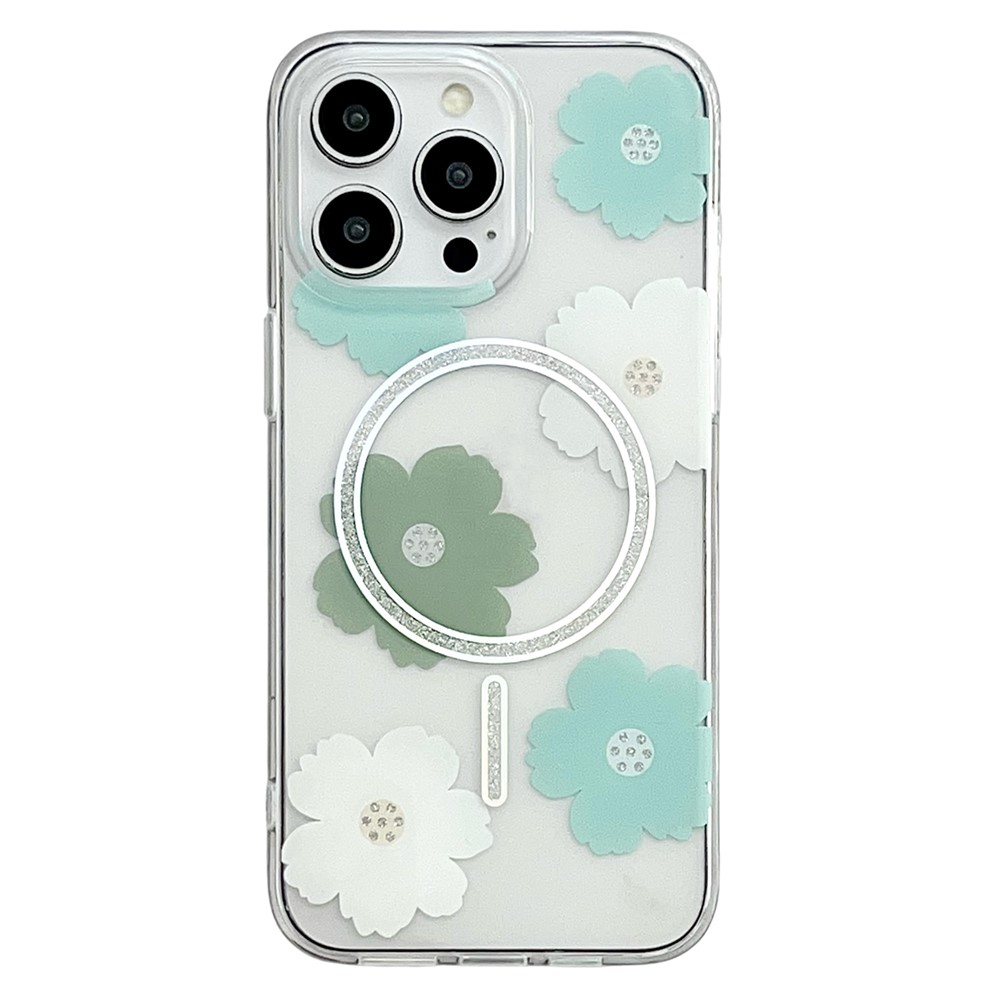 For iPhone 16 Pro Case Compatible with MagSafe Laser Floral IMD TPU PC Phone Back Cover - Green Flowers