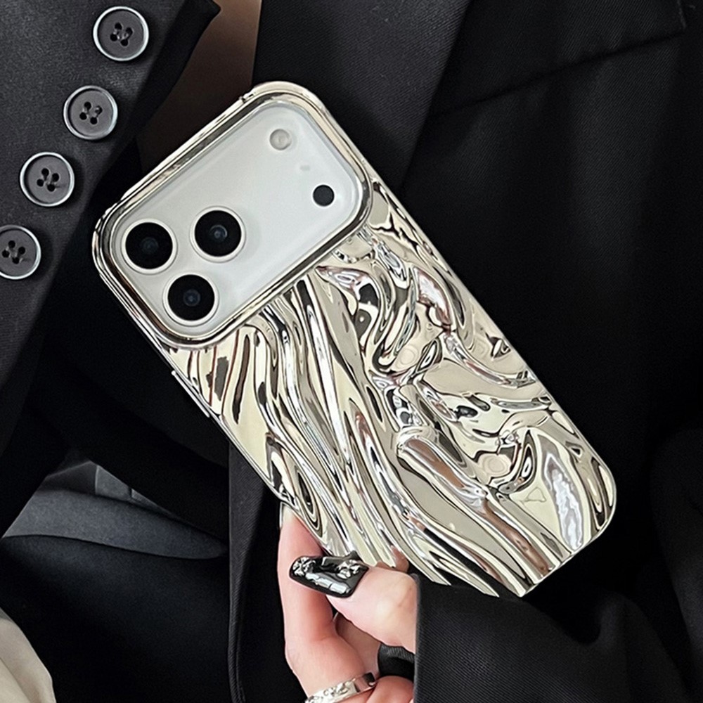 For iPhone 17 Pro Case Wrinkled Glossy Electroplated TPU Phone Back Cover - Silver