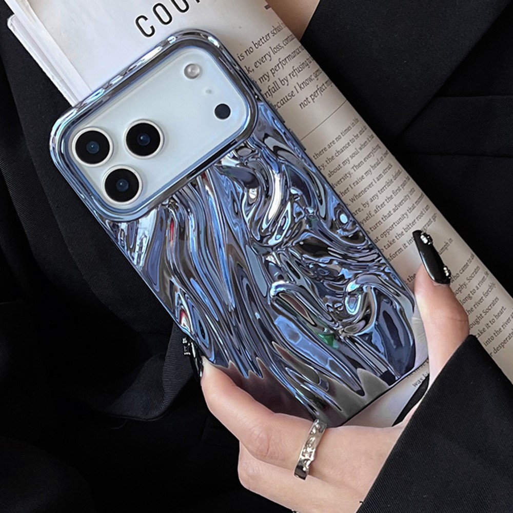 For iPhone 17 Pro Case Wrinkled Glossy Electroplated TPU Phone Back Cover - Blue