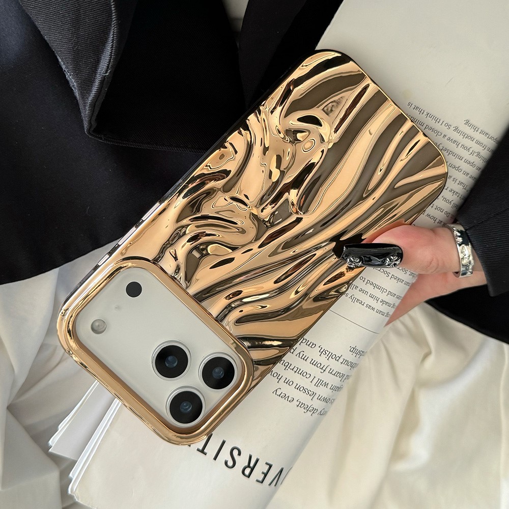 For iPhone 17 Pro Case Wrinkled Glossy Electroplated TPU Phone Back Cover - Gold