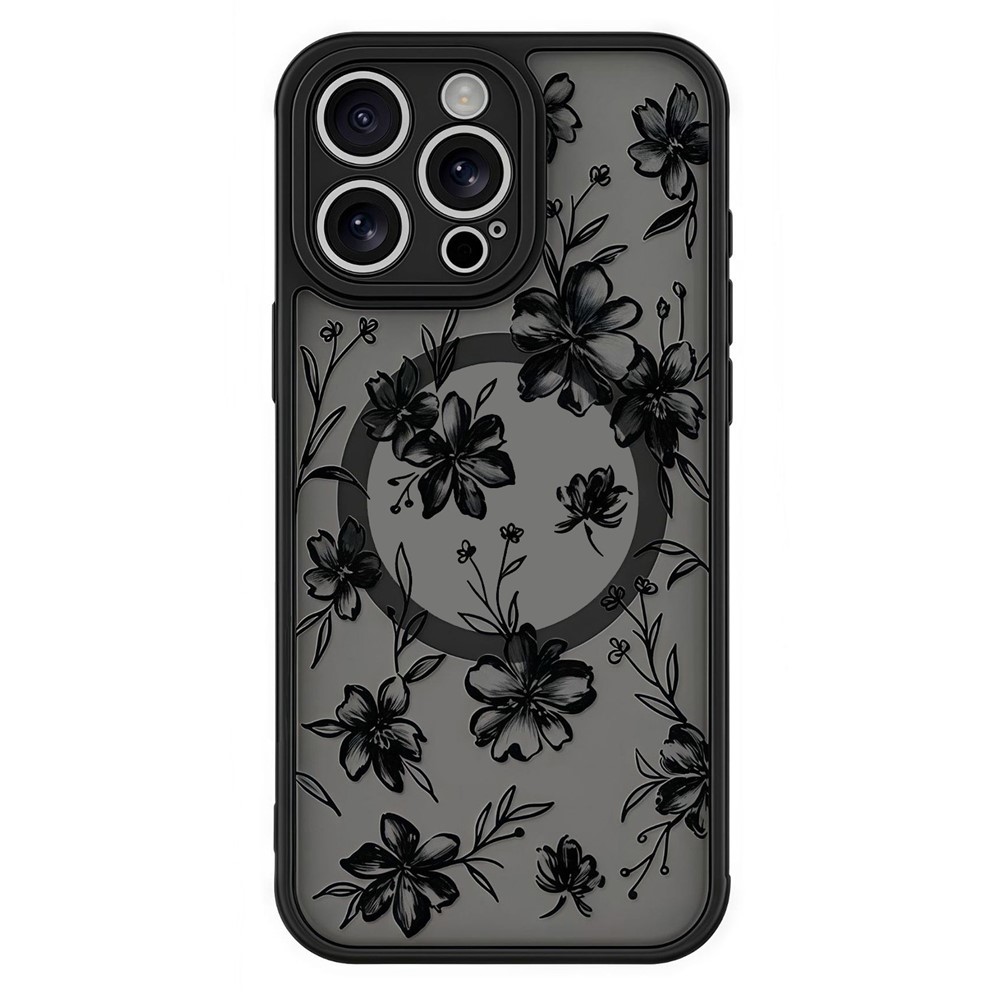 For iPhone 16 Pro Case Compatible with MagSafe Pattern Printed Design PC + TPU Phone Cover - Ink Flowers