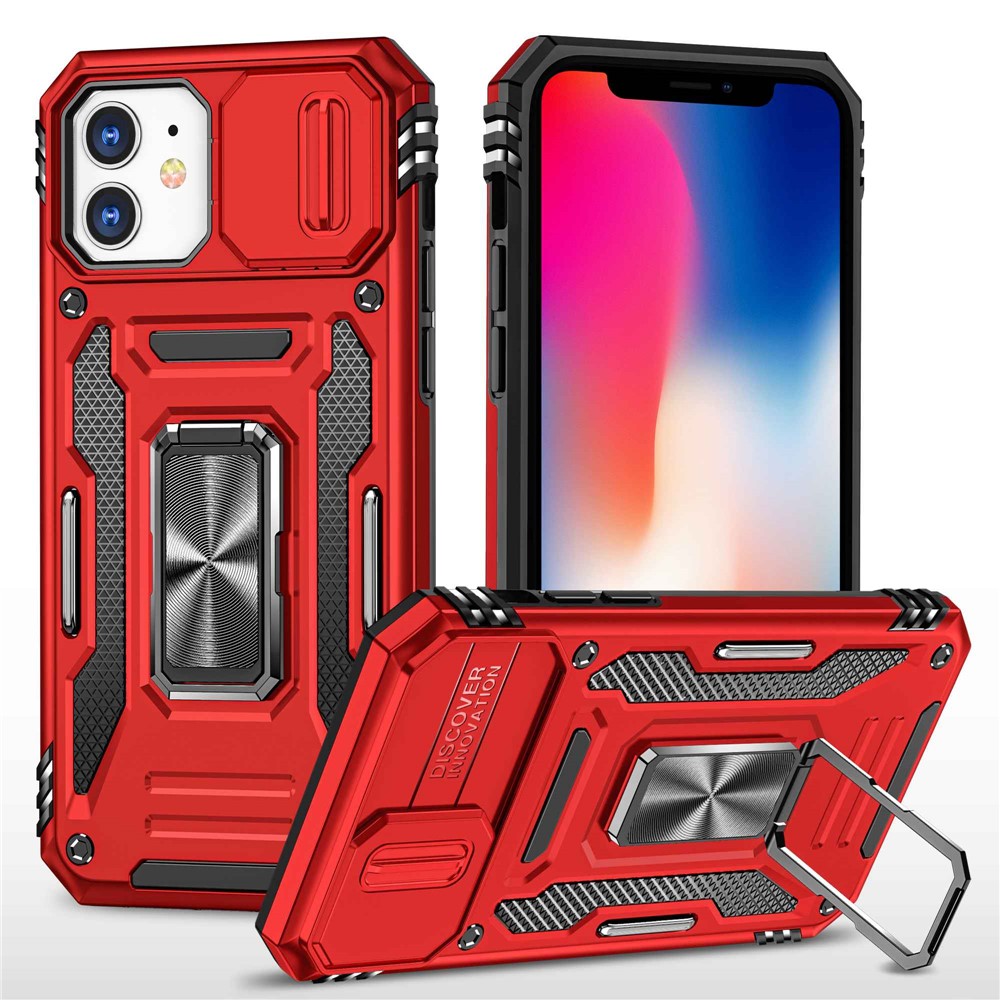 Armor Series for iPhone 11 6.1 inch Anti-scratch Phone Case Kickstand PC + TPU Protective Back Cover with Slide Camera Cover - Red