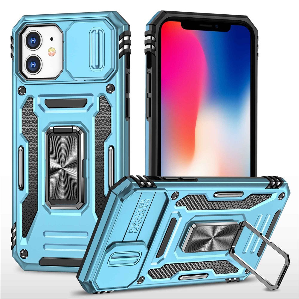 Armor Series for iPhone 11 6.1 inch Anti-scratch Phone Case Kickstand PC + TPU Protective Back Cover with Slide Camera Cover - Sky Blue
