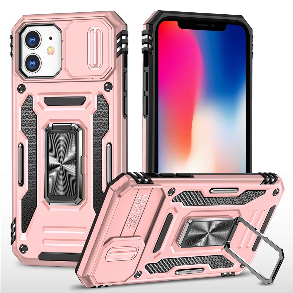 Armor Series for iPhone 11 6.1 inch Anti-scratch Phone Case Kickstand PC + TPU Protective Back Cover with Slide Camera Cover - Rose Gold