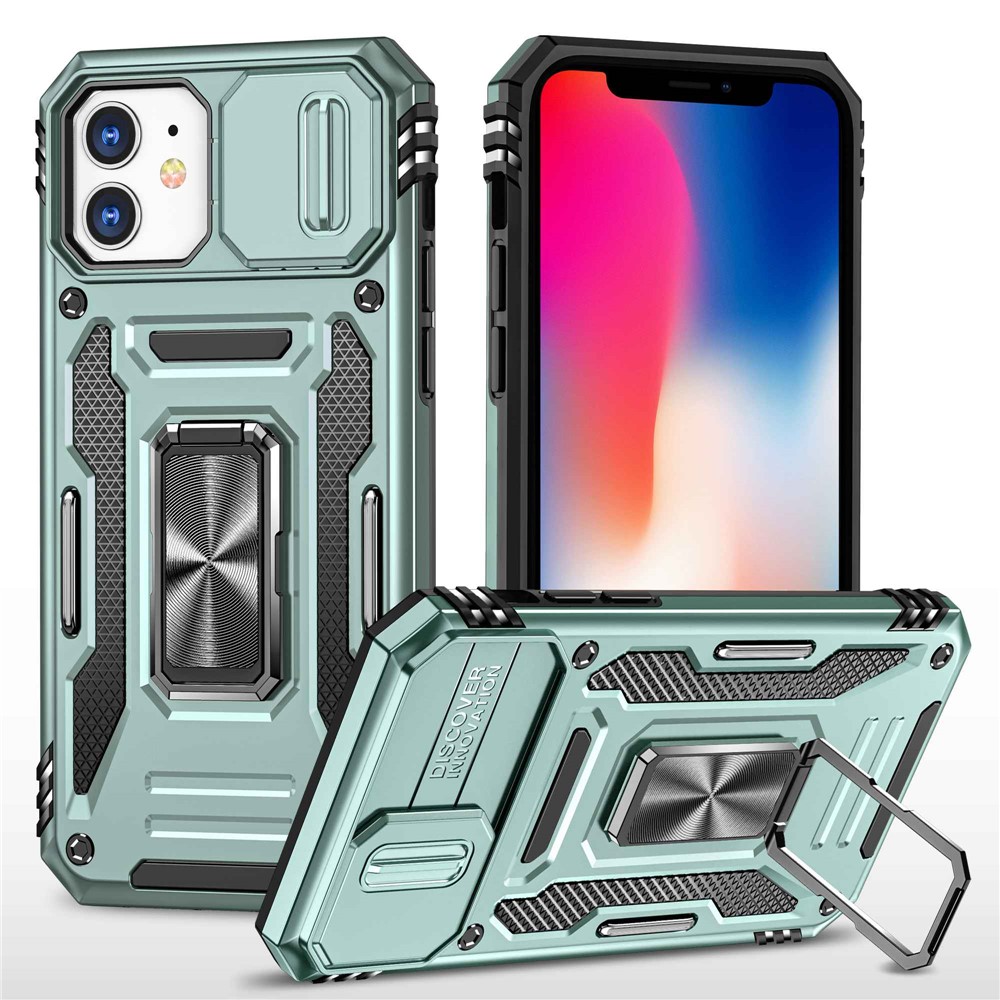 Armor Series for iPhone 11 6.1 inch Anti-scratch Phone Case Kickstand PC + TPU Protective Back Cover with Slide Camera Cover - Green