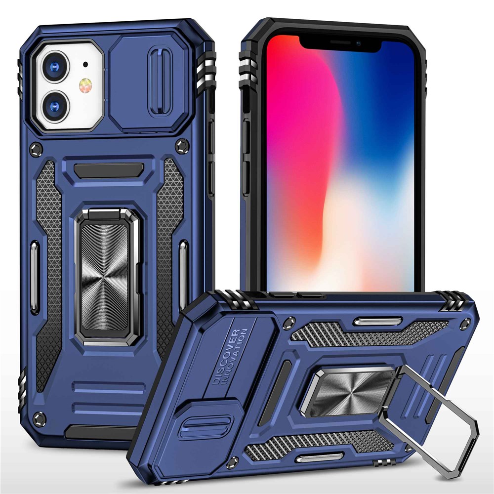 Armor Series for iPhone 11 6.1 inch Anti-scratch Phone Case Kickstand PC + TPU Protective Back Cover with Slide Camera Cover - Dark Blue
