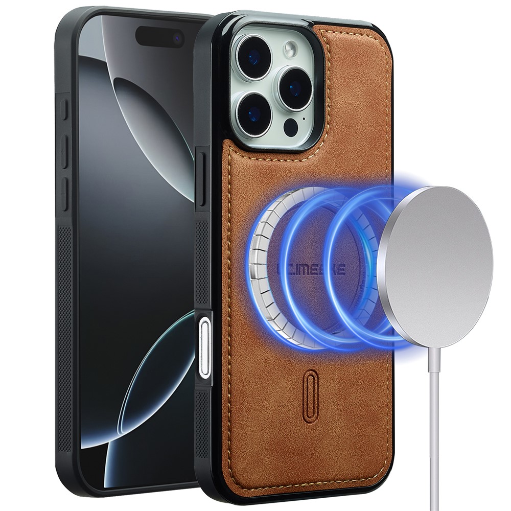 LC.IMEEKE L6 For iPhone 14 Pro Case PU Leather Coated PC TPU Phone Cover Compatible with MagSafe - Brown