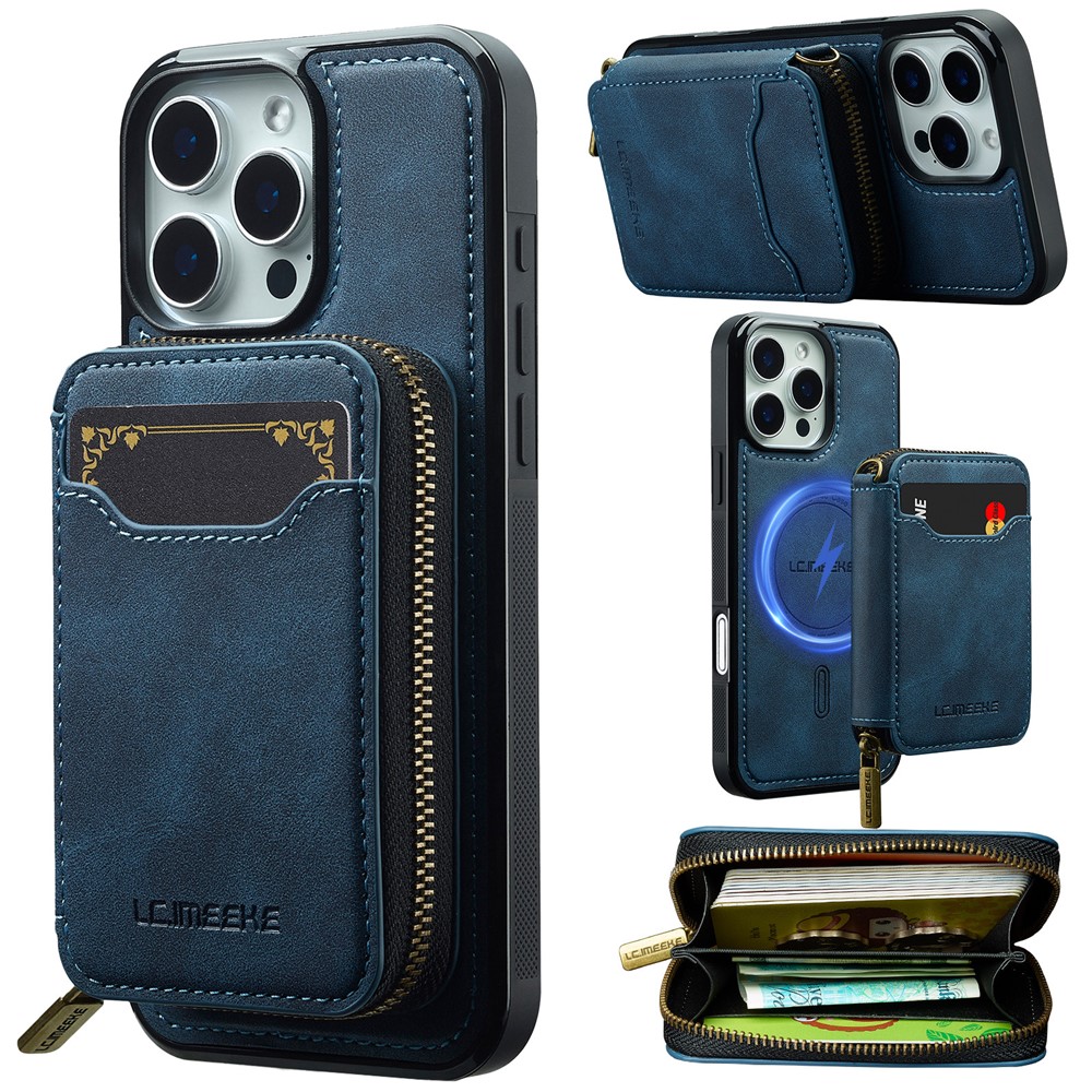 LC.IMEEKE L6 For iPhone 15 Pro Max Magnetic Case Detachable Zipper Wallet Leather Coated PC + TPU Phone Cover - Blue