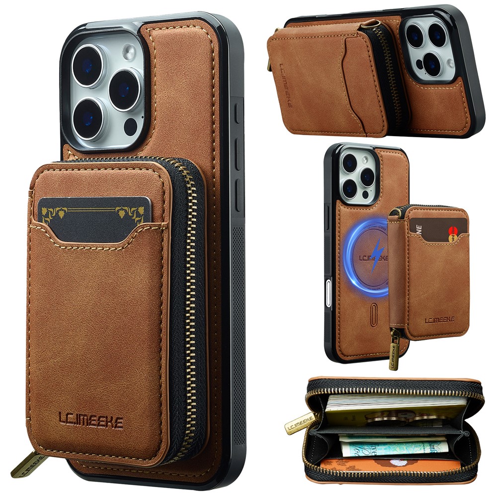 LC.IMEEKE L6 For iPhone 15 Pro Max Magnetic Case Detachable Zipper Wallet Leather Coated PC + TPU Phone Cover - Brown