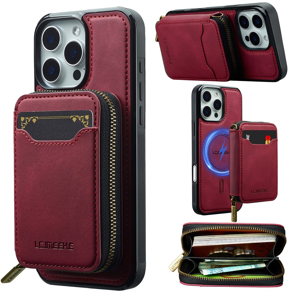 LC.IMEEKE L6 For iPhone 13 Pro Magnetic Case Detachable Zipper Wallet Leather Coated PC + TPU Phone Cover - Red