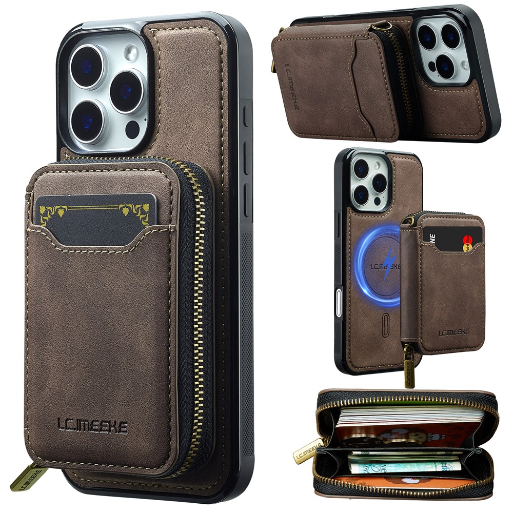 LC.IMEEKE L6 For iPhone 13 Pro Magnetic Case Detachable Zipper Wallet Leather Coated PC + TPU Phone Cover - Coffee