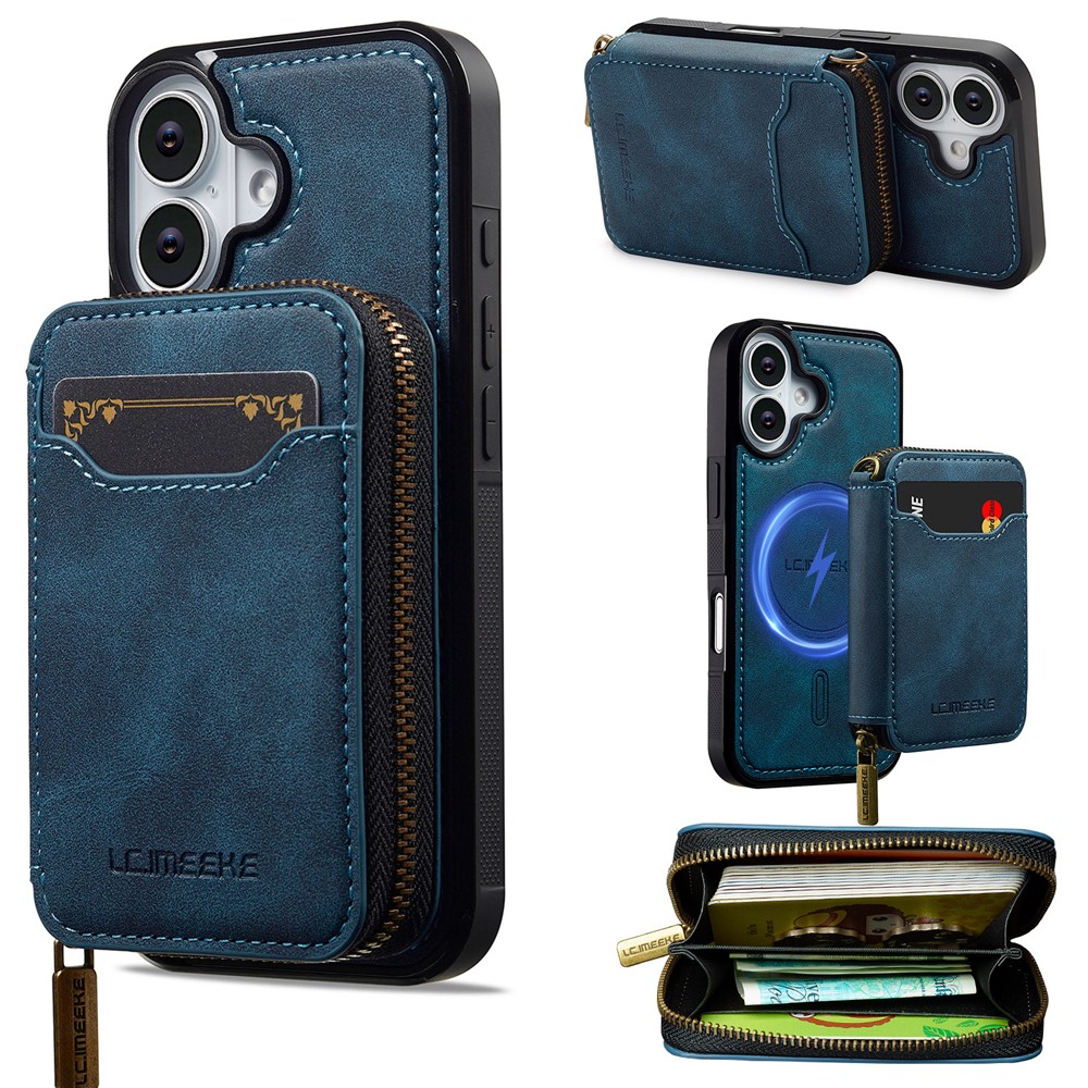 LC.IMEEKE L6 For iPhone 16 Magnetic Case Detachable Zipper Wallet Leather Coated PC + TPU Phone Cover - Blue