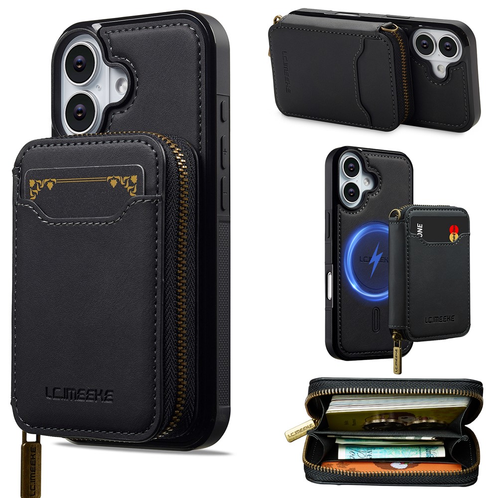 LC.IMEEKE L6 For iPhone 16 Plus Magnetic Case Detachable Zipper Wallet Leather Coated PC + TPU Phone Cover - Black
