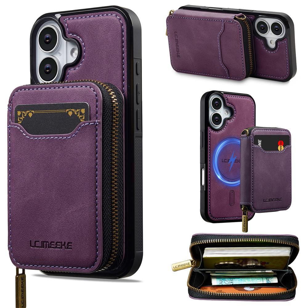 LC.IMEEKE L6 For iPhone 16 Plus Magnetic Case Detachable Zipper Wallet Leather Coated PC + TPU Phone Cover - Purple