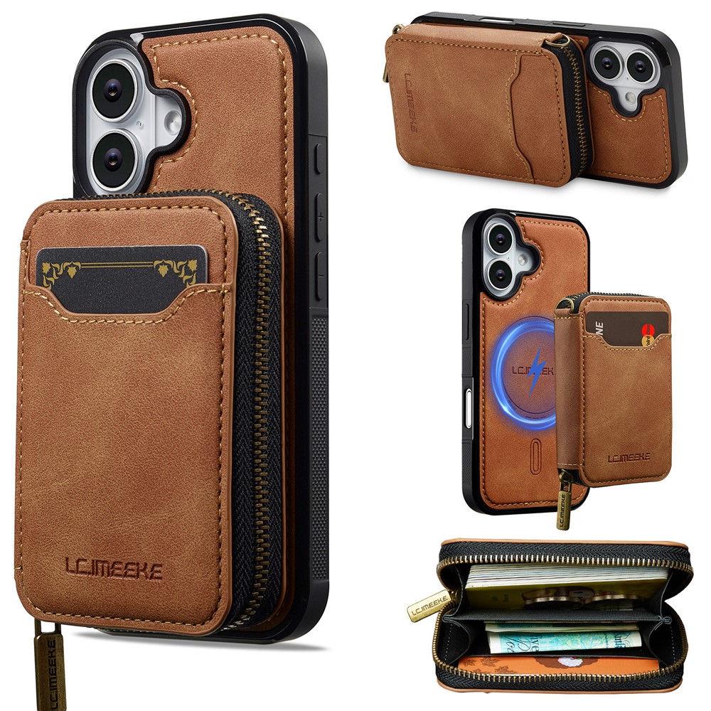 LC.IMEEKE L6 For iPhone 16 Plus Magnetic Case Detachable Zipper Wallet Leather Coated PC + TPU Phone Cover - Brown
