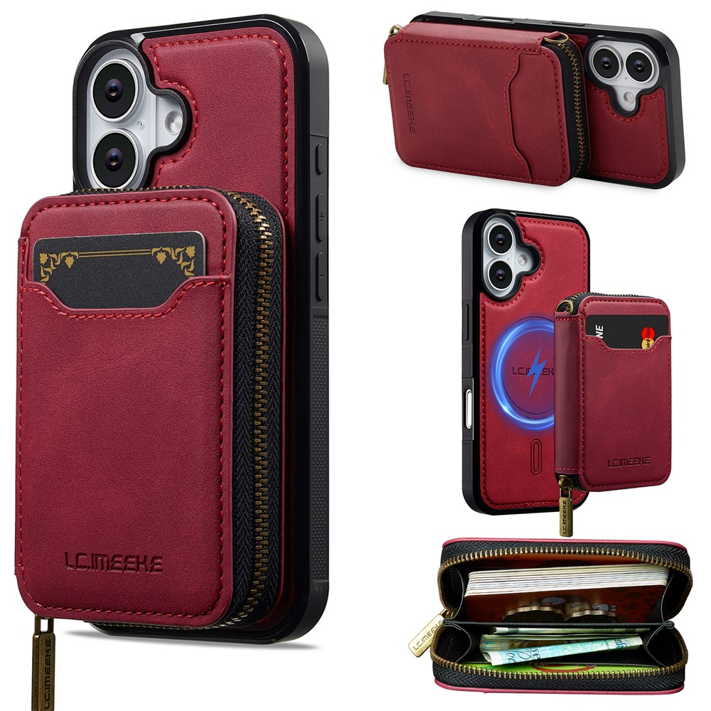 LC.IMEEKE L6 For iPhone 16 Plus Magnetic Case Detachable Zipper Wallet Leather Coated PC + TPU Phone Cover - Red