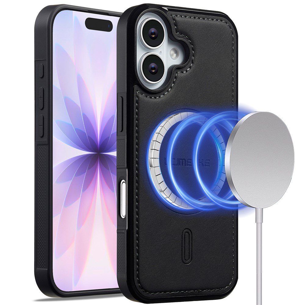 LC.IMEEKE L6 For iPhone 16 Case PU Leather Coated PC TPU Phone Cover Compatible with MagSafe - Black