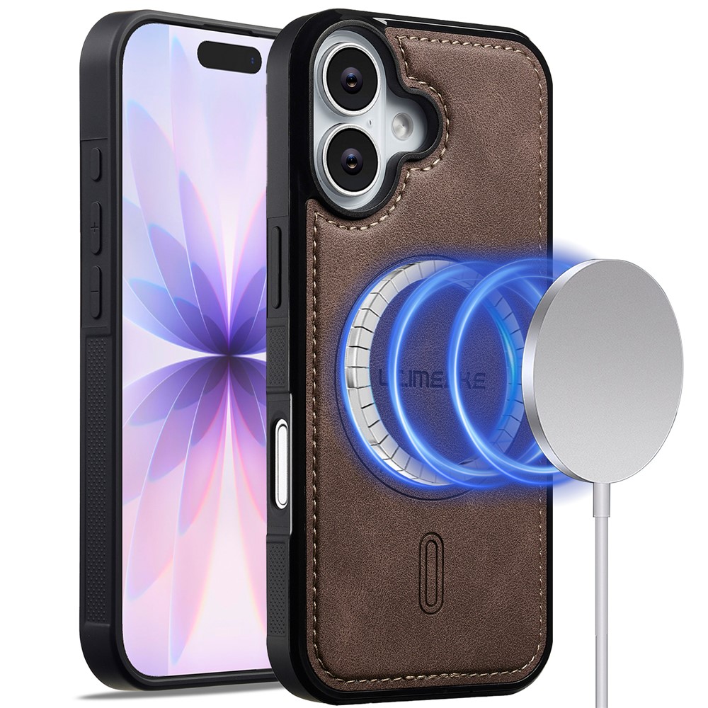 LC.IMEEKE L6 For iPhone 16 Case PU Leather Coated PC TPU Phone Cover Compatible with MagSafe - Coffee