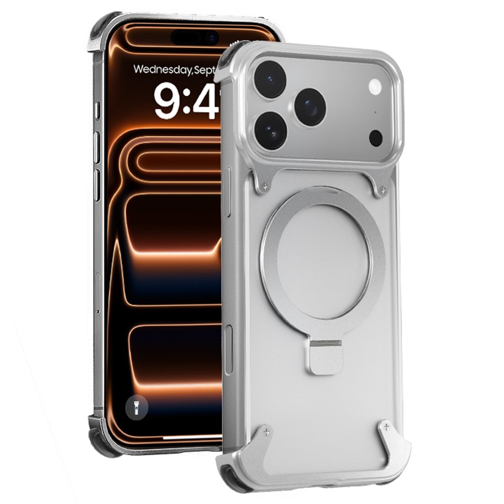 For iPhone 17 Pro Max Phone Case with Kickstand Compatible with MagSafe Metal PC Matte Back Cover - Silver
