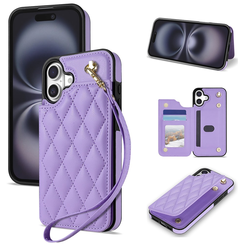 For iPhone 17 Case with Wrist Strap Card Slots Rhombus Leather + TPU Phone Cover - Purple