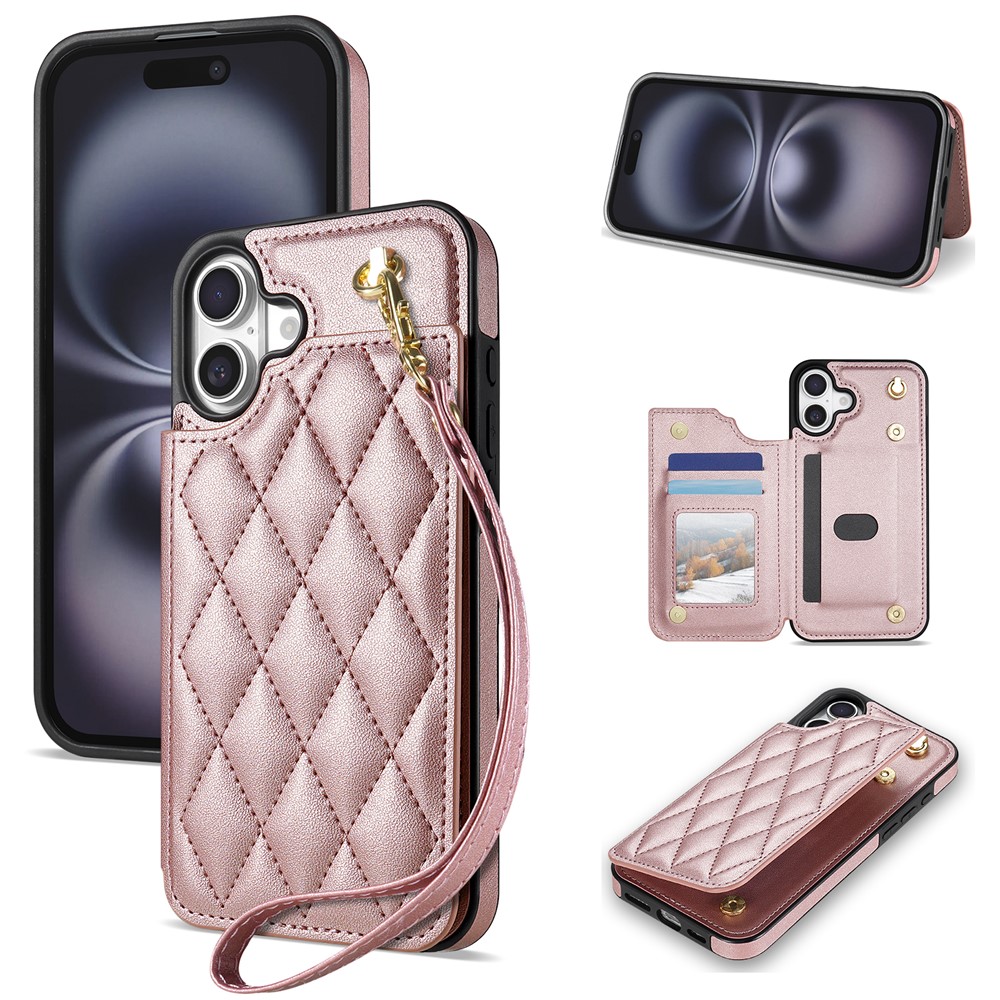 For iPhone 17 Case with Wrist Strap Card Slots Rhombus Leather + TPU Phone Cover - Rose Gold