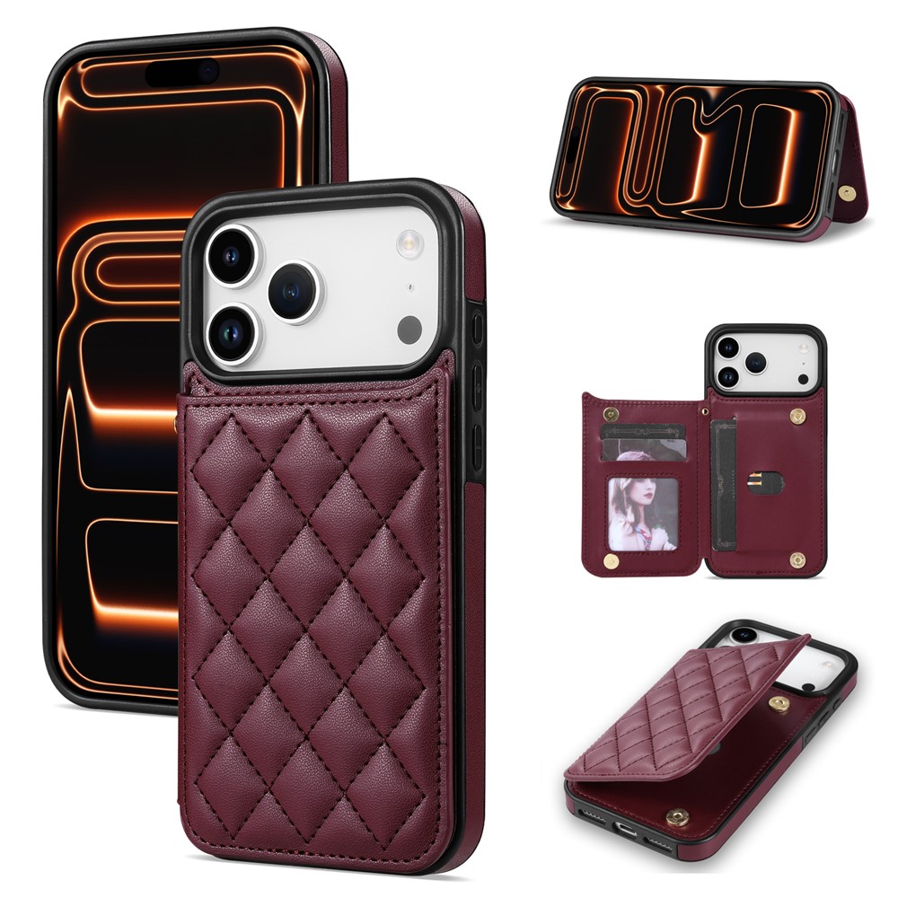 For iPhone 17 Pro Case with Wrist Strap Card Slots Rhombus Leather + TPU Phone Cover - Wine Red