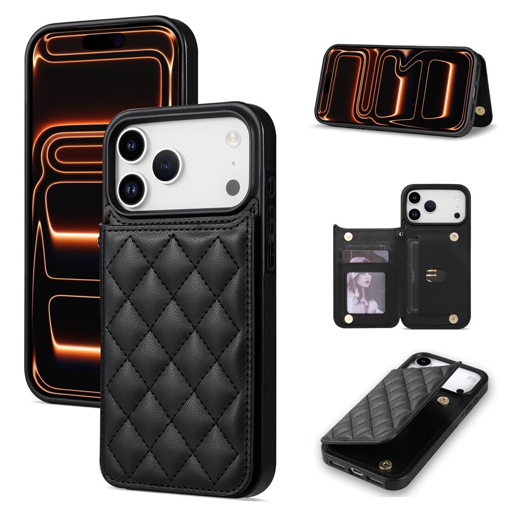 For iPhone 17 Pro Case with Wrist Strap Card Slots Rhombus Leather + TPU Phone Cover - Black