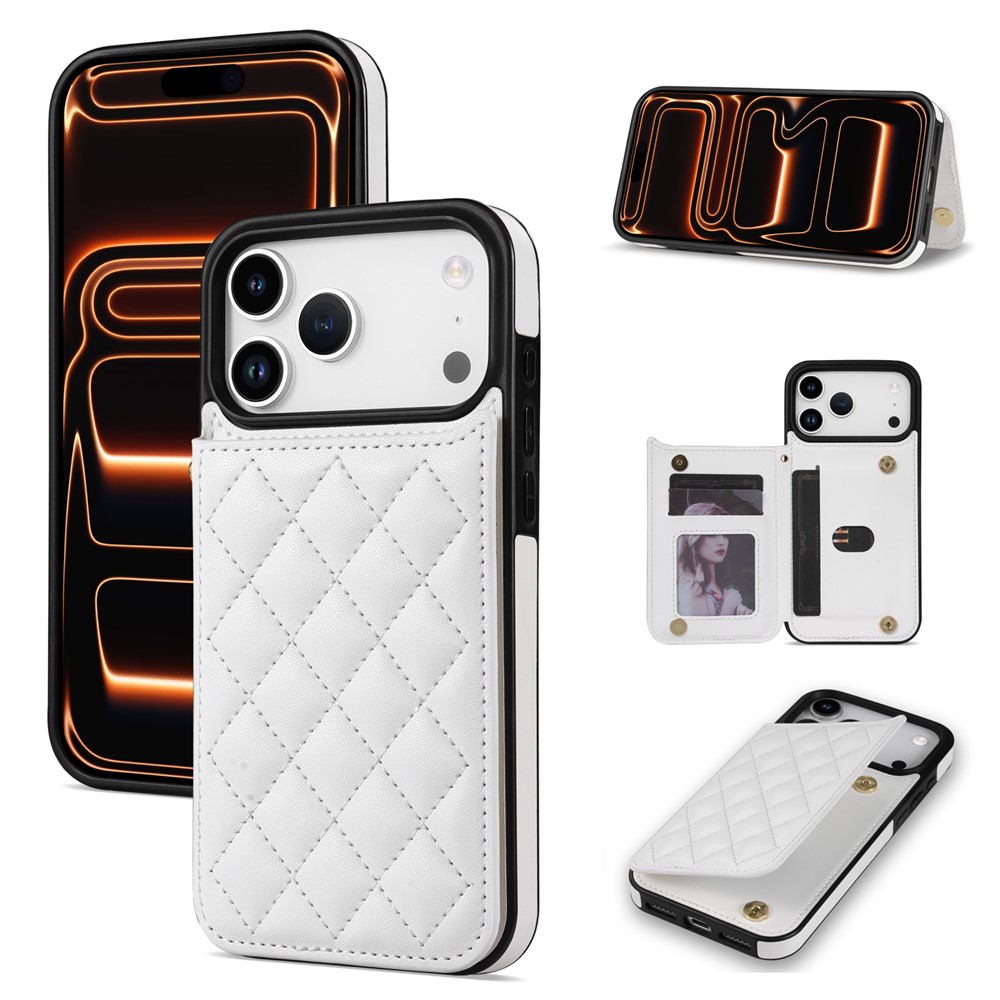 For iPhone 17 Pro Max Case with Wrist Strap Card Slots Rhombus Leather + TPU Phone Cover - White