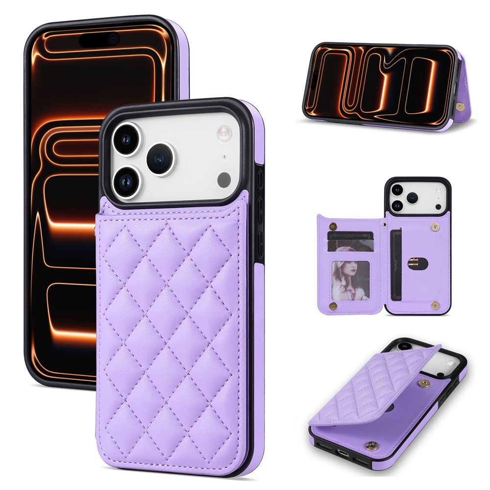 For iPhone 17 Pro Max Case with Wrist Strap Card Slots Rhombus Leather + TPU Phone Cover - Purple