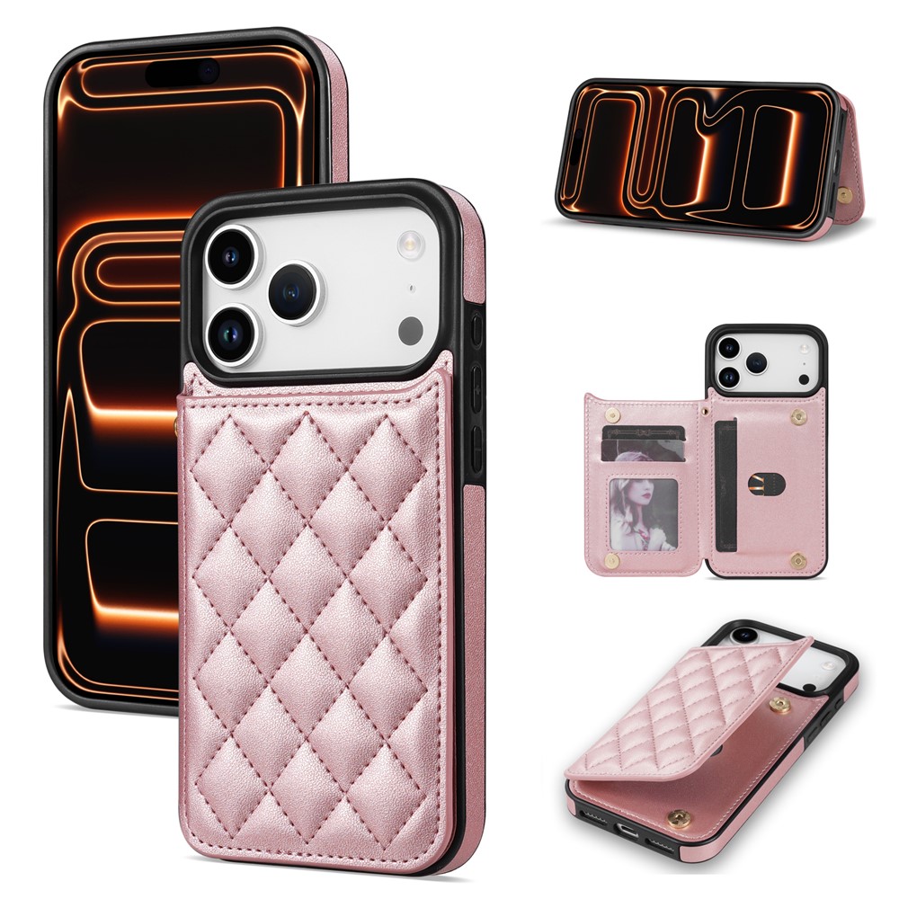 For iPhone 17 Pro Max Case with Wrist Strap Card Slots Rhombus Leather + TPU Phone Cover - Rose Gold