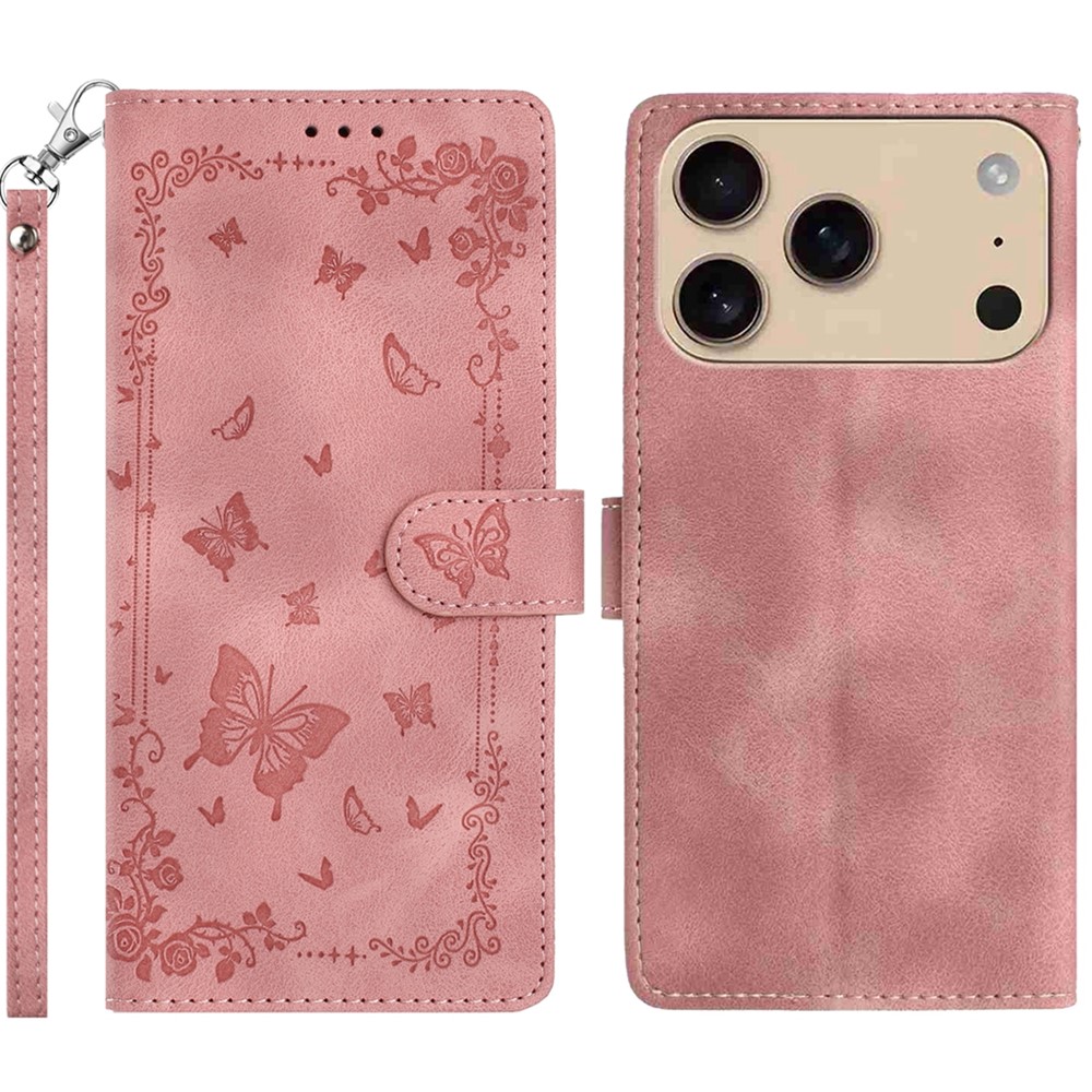 For iPhone 17 Pro Max Case Garden Imprinted PU Leather Wallet Phone Cover with Wrist Strap - Pink