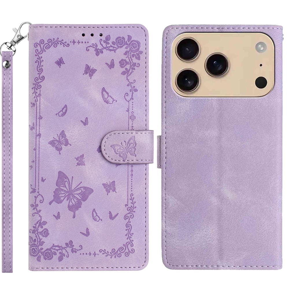 For iPhone 17 Pro Max Case Garden Imprinted PU Leather Wallet Phone Cover with Wrist Strap - Purple