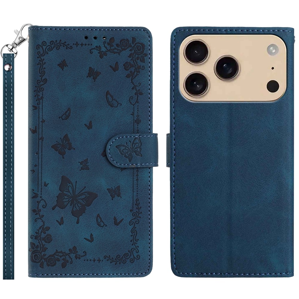 For iPhone 17 Pro Max Case Garden Imprinted PU Leather Wallet Phone Cover with Wrist Strap - Dark Blue