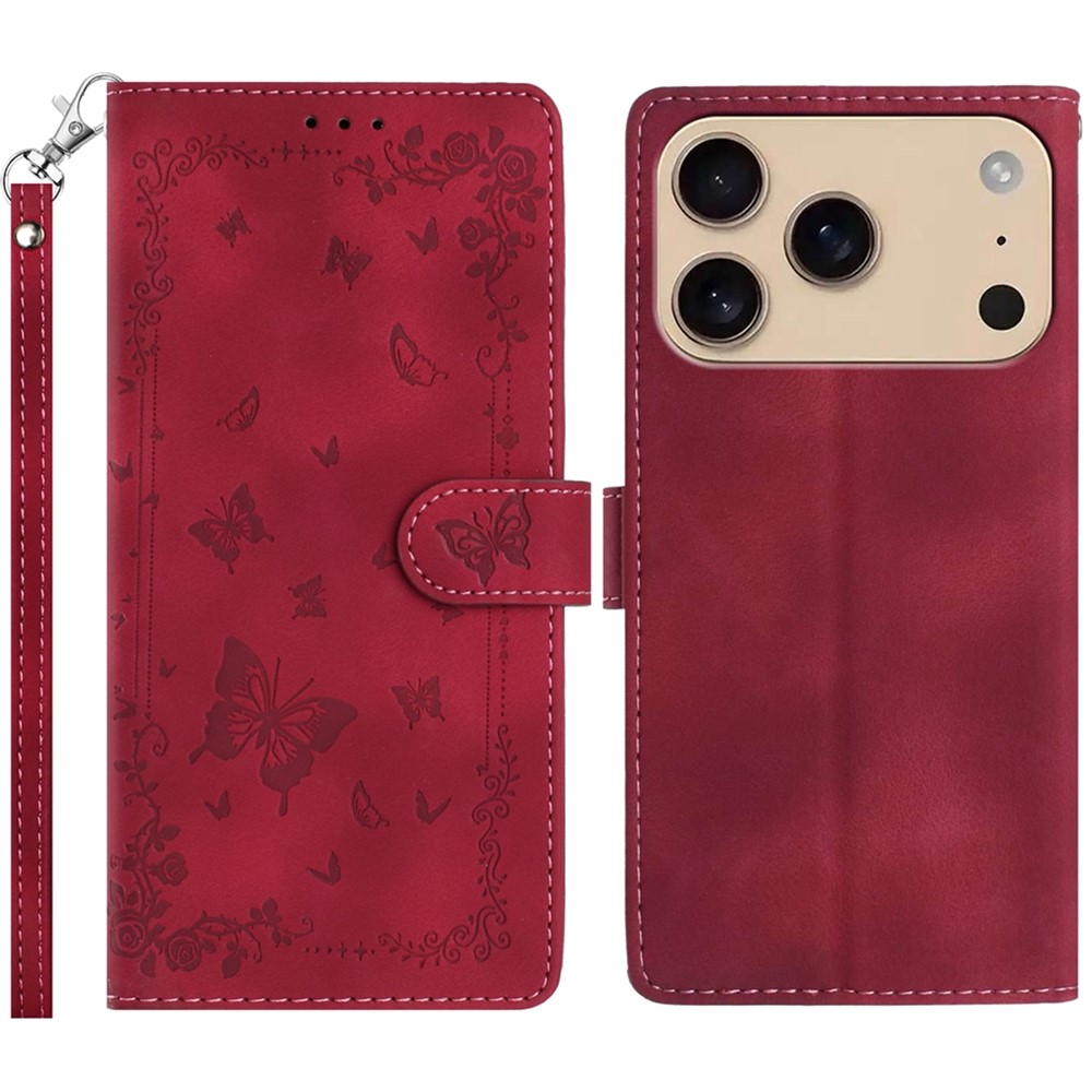 For iPhone 17 Pro Max Case Garden Imprinted PU Leather Wallet Phone Cover with Wrist Strap - Dark Red