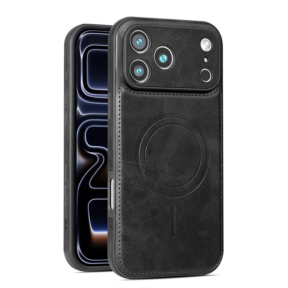 For iPhone 17 Pro Phone Case Compatible with MagSafe PC PU Leather Back Cover - Black