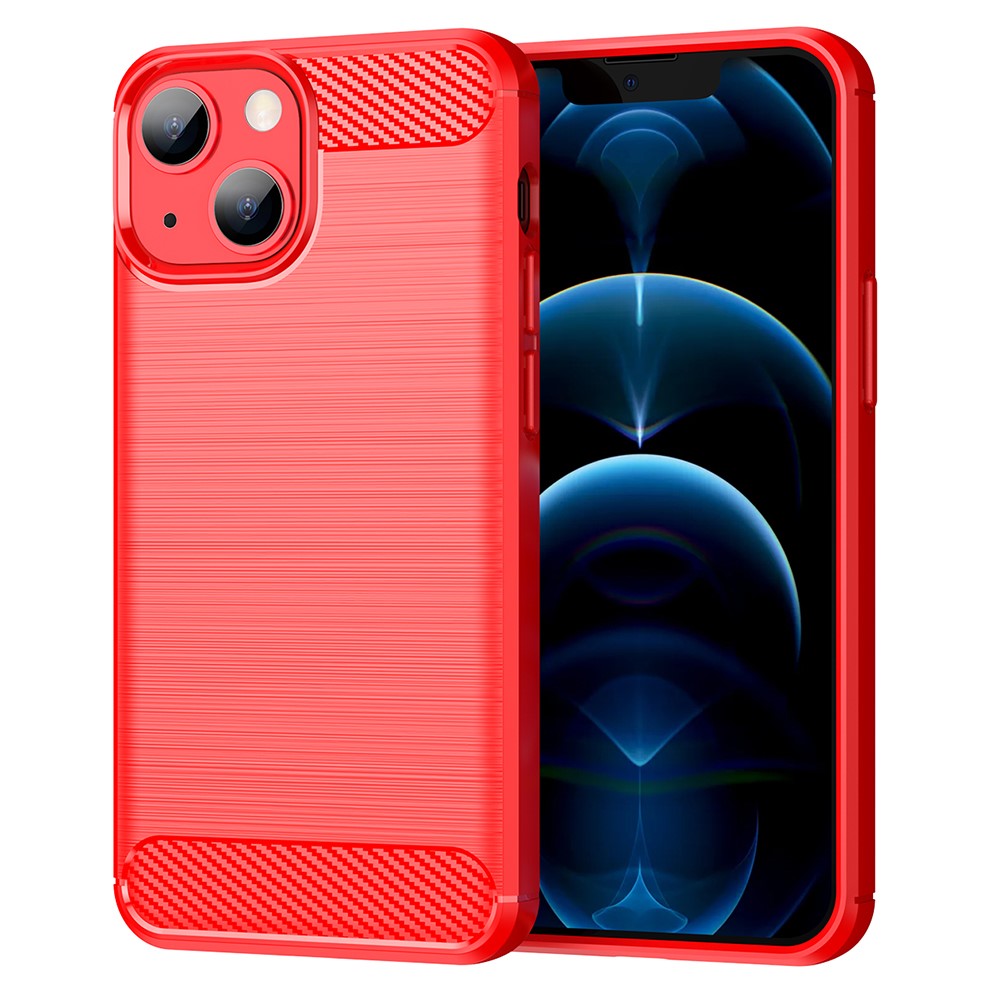 AMORUS For iPhone 13 Case Carbon Fiber Texture Brushed Protective Phone Cover - Red
