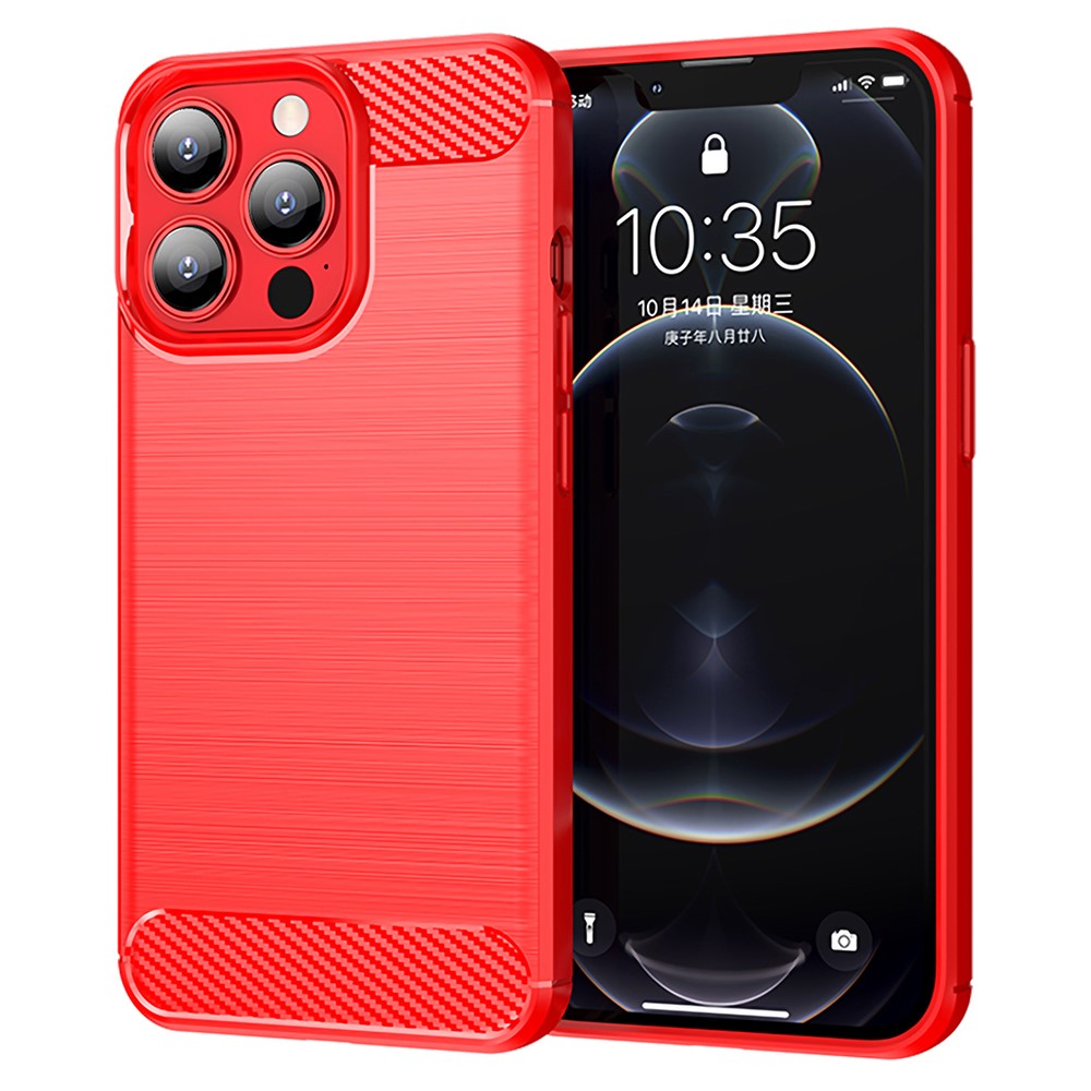 AMORUS For iPhone 13 Pro Ma Case Carbon Fiber Texture Brushed Protective Phone Cover - Red