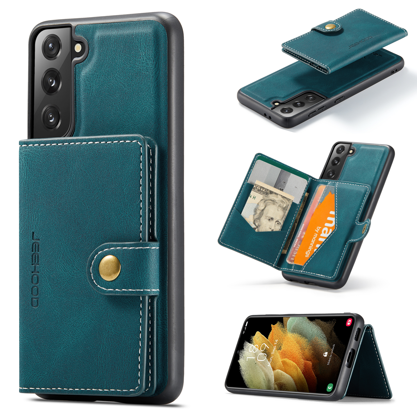 JEEHOOD For Samsung Galaxy S22 5G Case J01 Retro Leather Phone Back Cover with Detachable Magnetic Card Holder - Blue