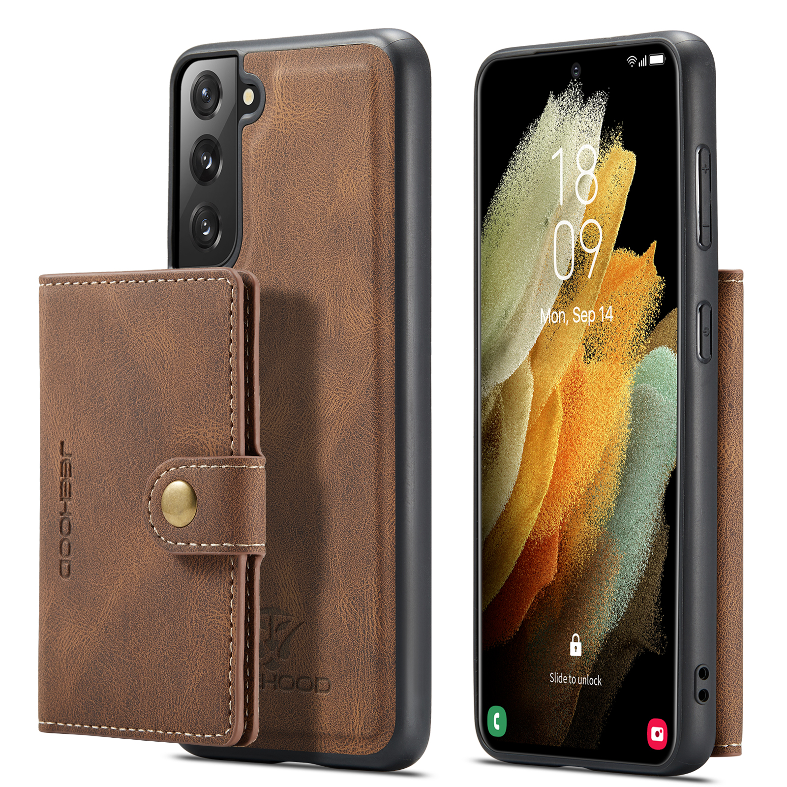JEEHOOD For Samsung Galaxy S22+ 5G Case J01 Retro Leather Phone Back Cover with Detachable Magnetic Card Holder - Brown