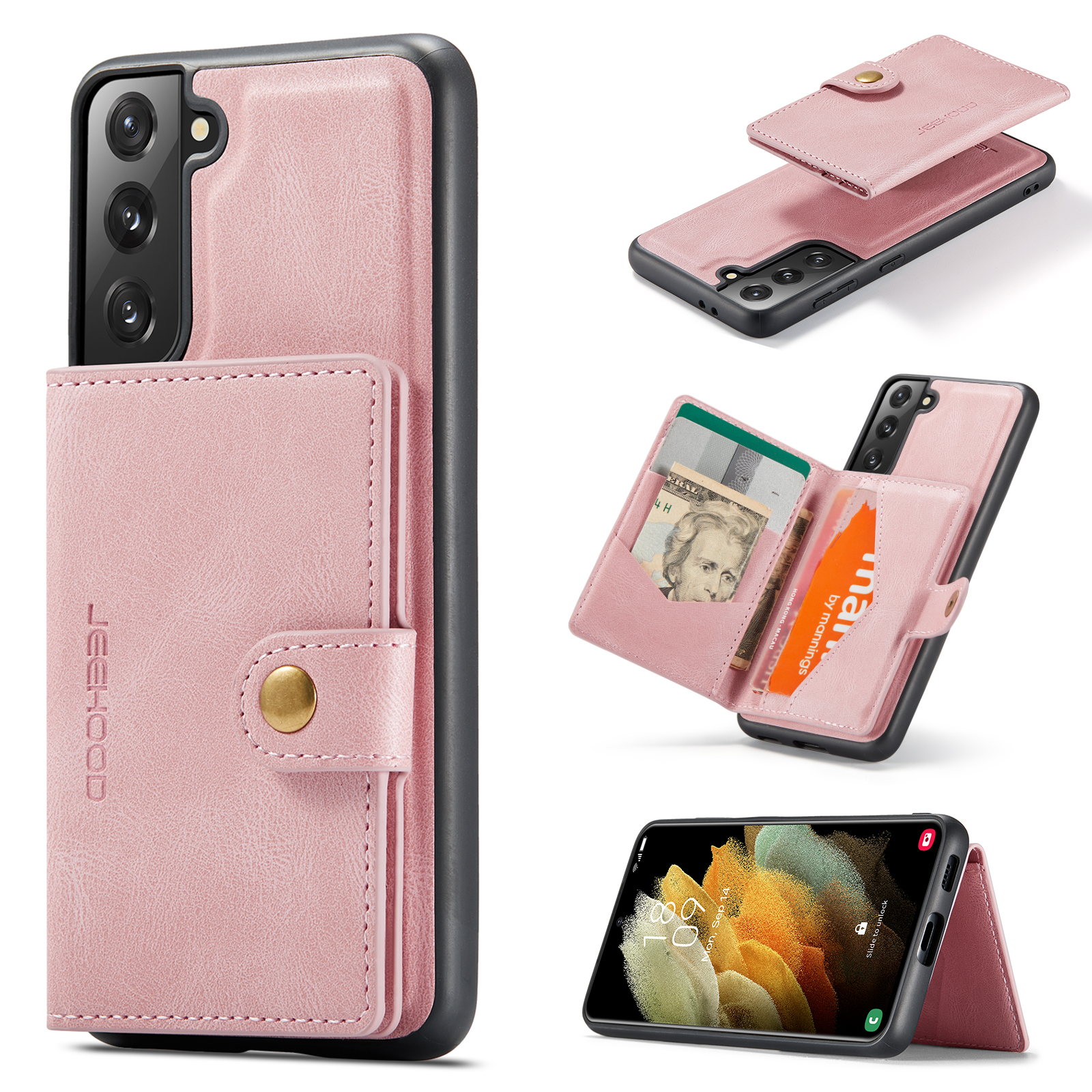 JEEHOOD For Samsung Galaxy S22+ 5G Case J01 Retro Leather Phone Back Cover with Detachable Magnetic Card Holder - Pink