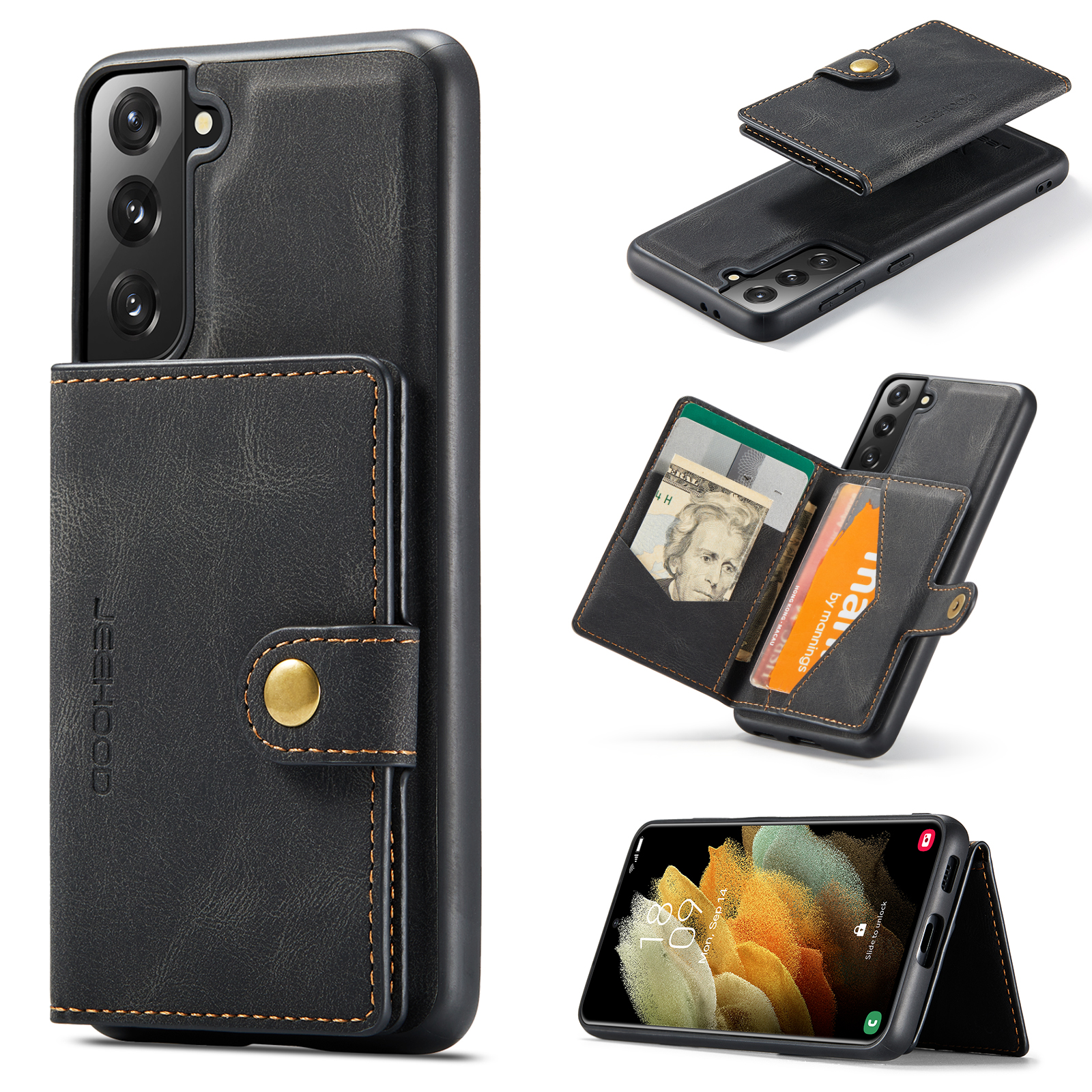 JEEHOOD For Samsung Galaxy S21 5G Case  J01 Retro Leather Phone Back Cover with Detachable Magnetic Card Holder - Black