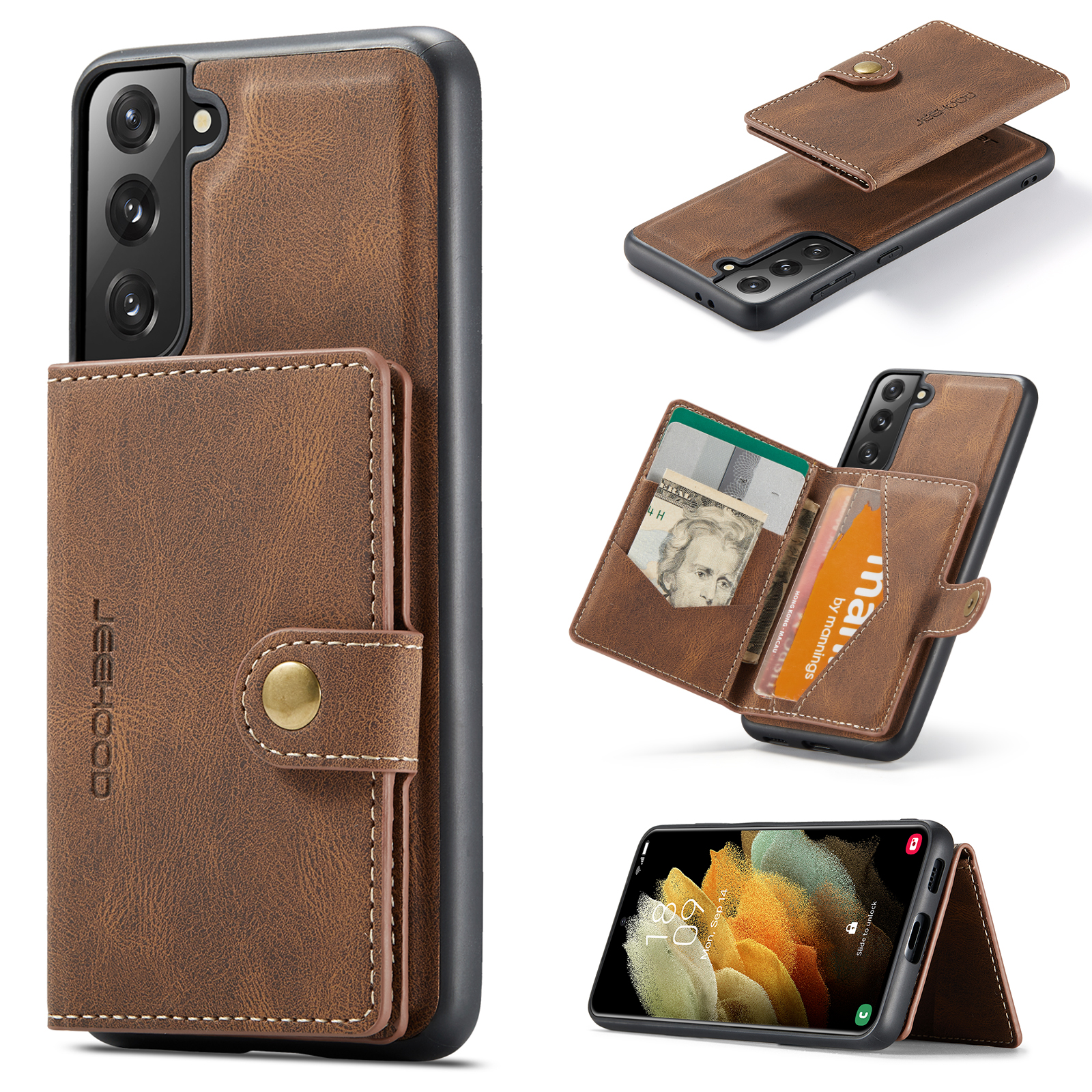 JEEHOOD For Samsung Galaxy S21 5G Case J01 Retro Leather Phone Back Cover with Detachable Magnetic Card Holder - Brown