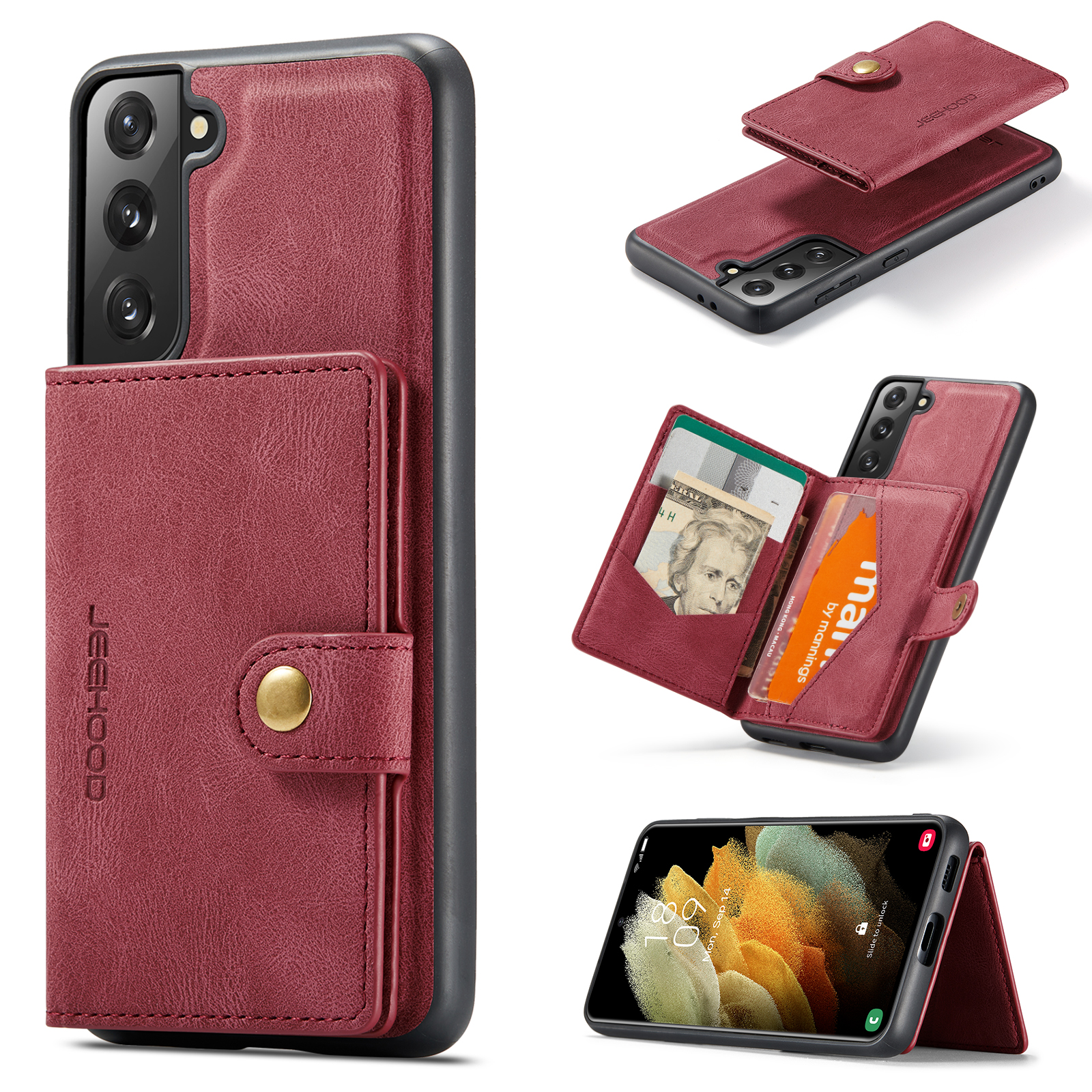 JEEHOOD For Samsung Galaxy S21 5G Case  J01 Retro Leather Phone Back Cover with Detachable Magnetic Card Holder - Red