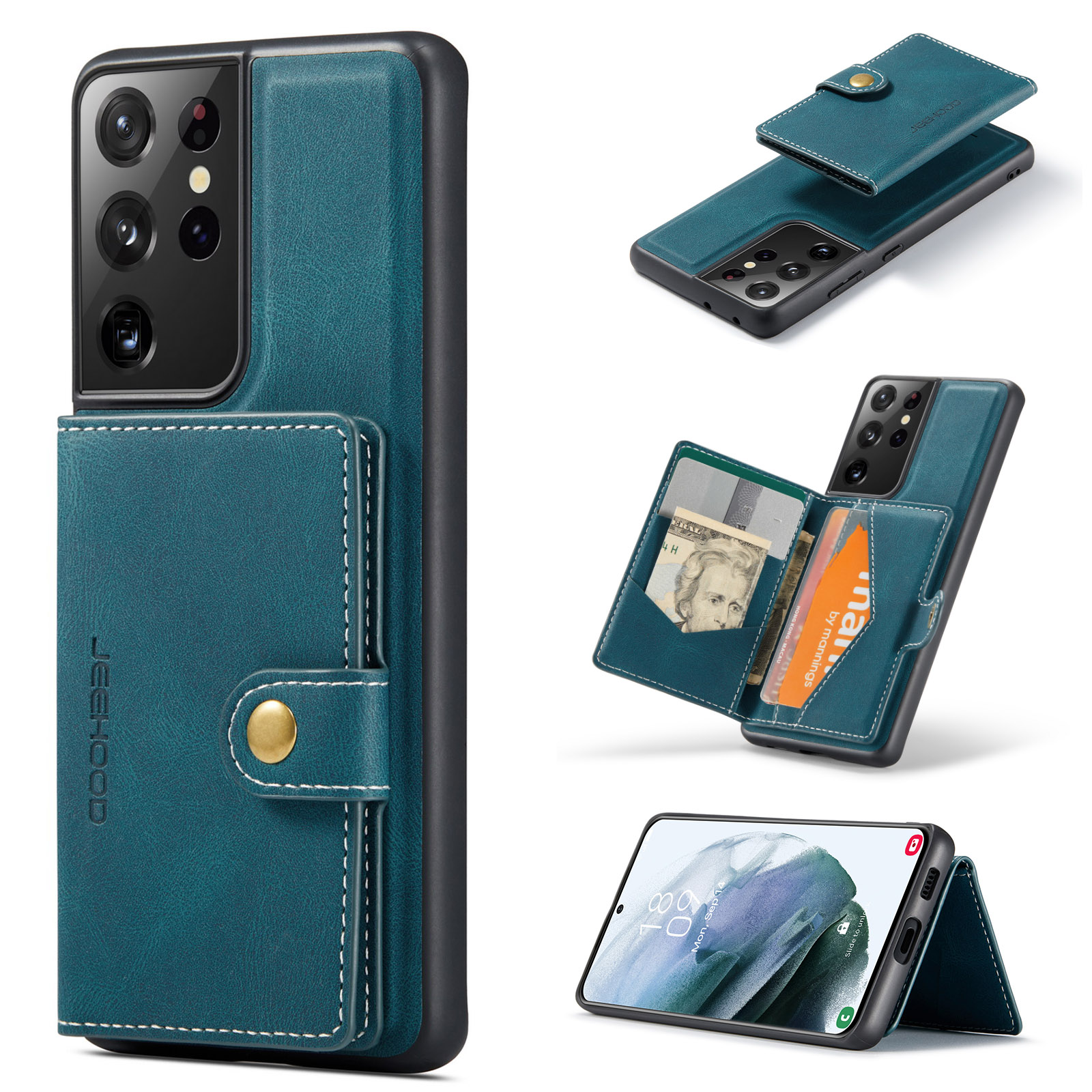 JEEHOOD For Samsung Galaxy S21 Ultra 5G Case  J01 Retro Leather Phone Back Cover with Detachable Magnetic Card Holder - Blue