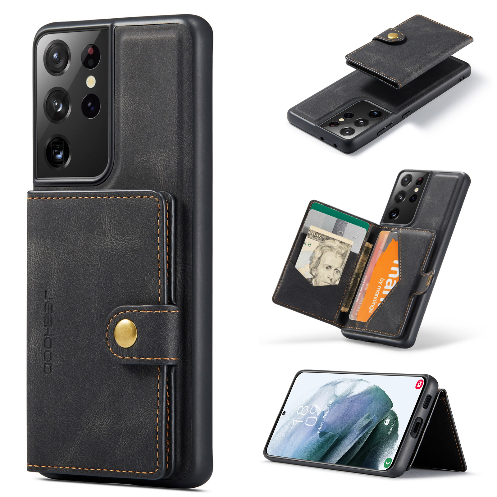 JEEHOOD For Samsung Galaxy S21 Ultra 5G Case J01 Retro Leather Phone Back Cover with Detachable Magnetic Card Holder - Black