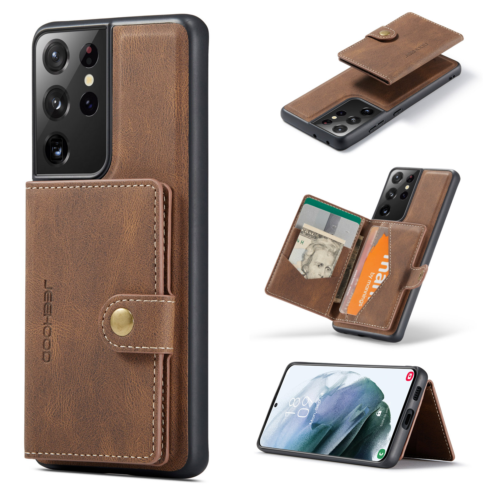 JEEHOOD For Samsung Galaxy S21 Ultra 5G Case  J01 Retro Leather Phone Back Cover with Detachable Magnetic Card Holder - Brown