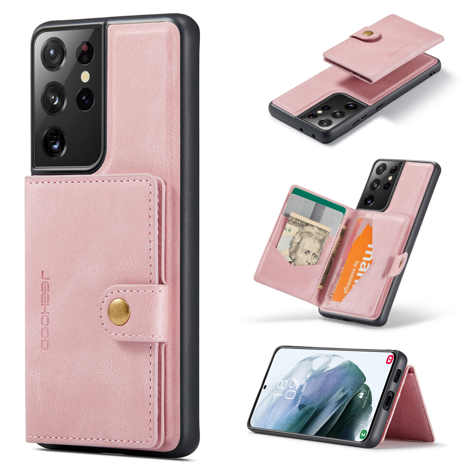 JEEHOOD For Samsung Galaxy S21 Ultra 5G Case  J01 Retro Leather Phone Back Cover with Detachable Magnetic Card Holder - Pink